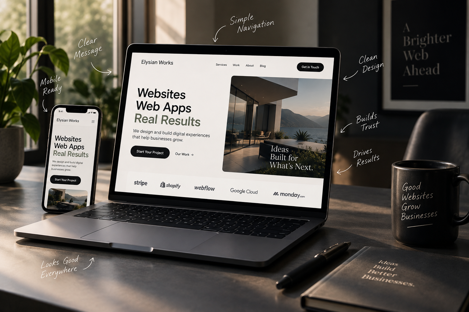 A modern laptop and smartphone displaying a clean business website, representing the key elements of effective web design including clear messaging, simple navigation, mobile friendly design, trust, and performance.