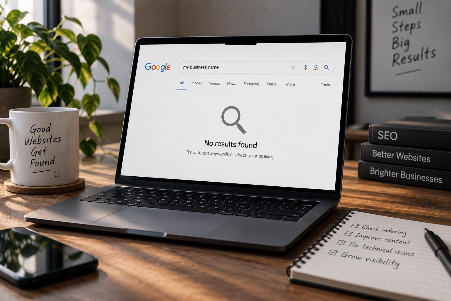 Laptop showing a Google search with no results, alongside a checklist for improving website visibility, indexing, content, and SEO.