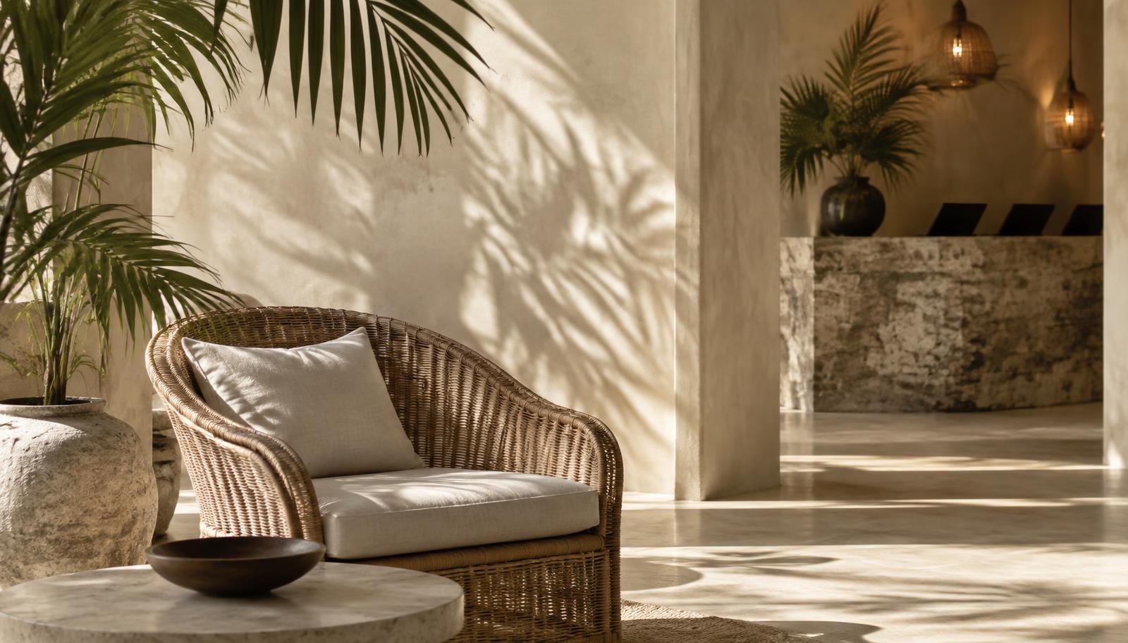 Sunlit boutique hotel lobby with rattan chair and palm shadows