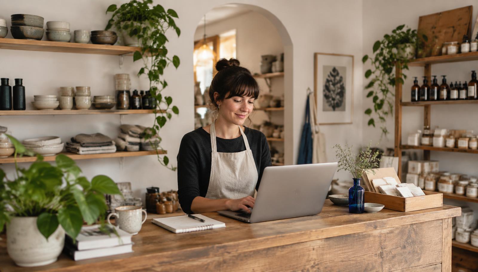 Small shop owner working at a laptop behind a wooden counter