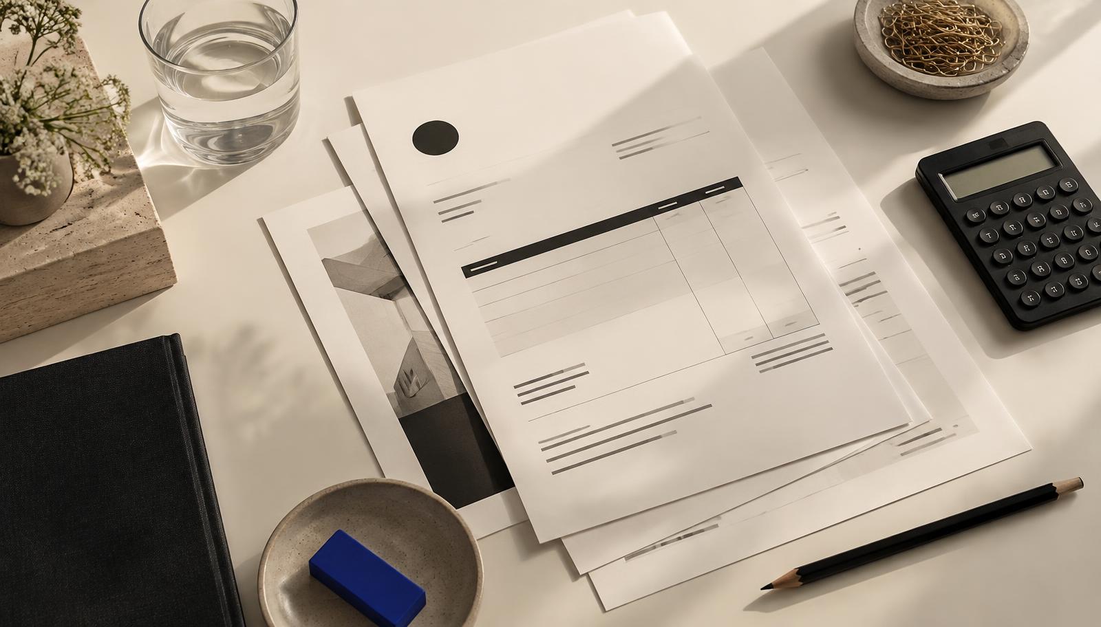 Printed cost estimates and a calculator on a warm ivory desk