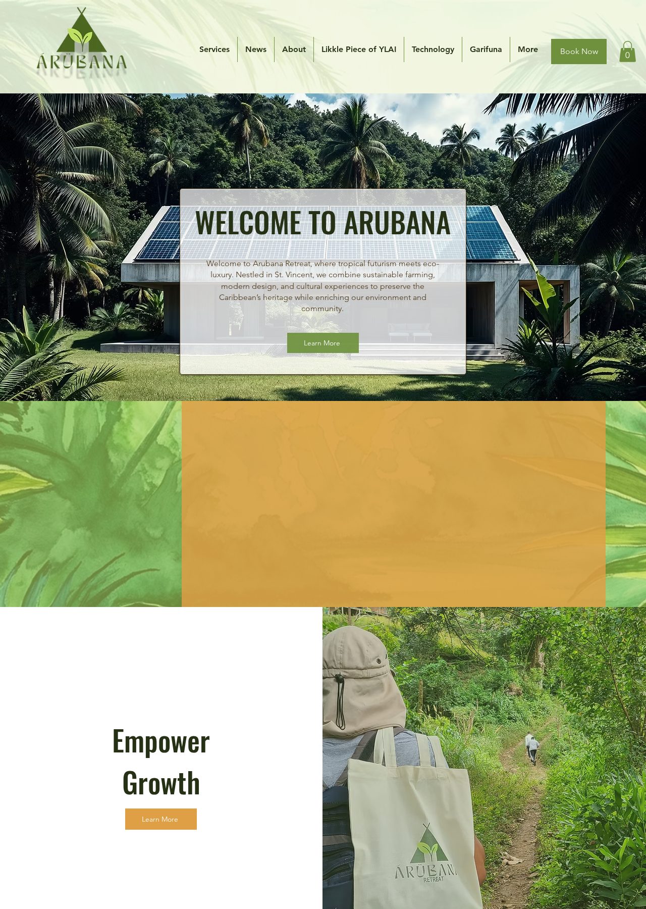 Arubana eco-resort homepage with a jungle-surrounded solar villa hero and earthy green palette