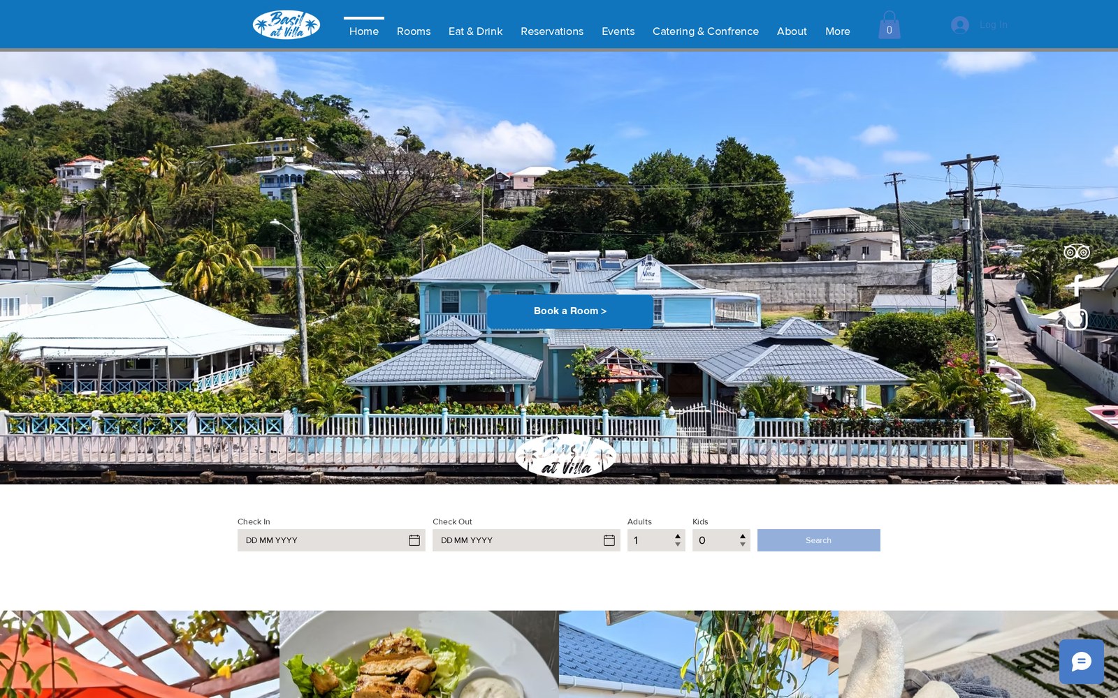 Basil at Villa hotel site with a tropical shoreline hero and booking bar