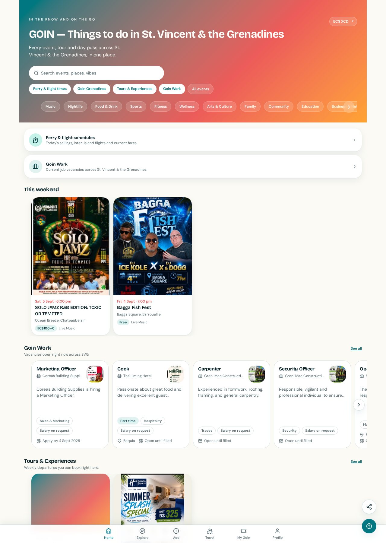 GOIN app hero with a teal-to-coral gradient, search bar and event category filters