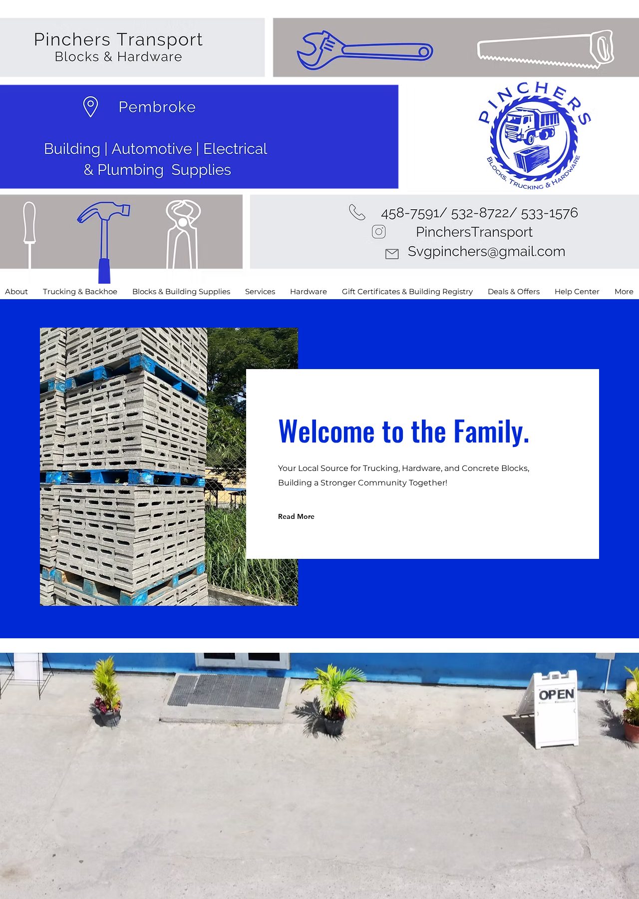 Pinchers hardware site with a concrete block hero on a royal blue palette