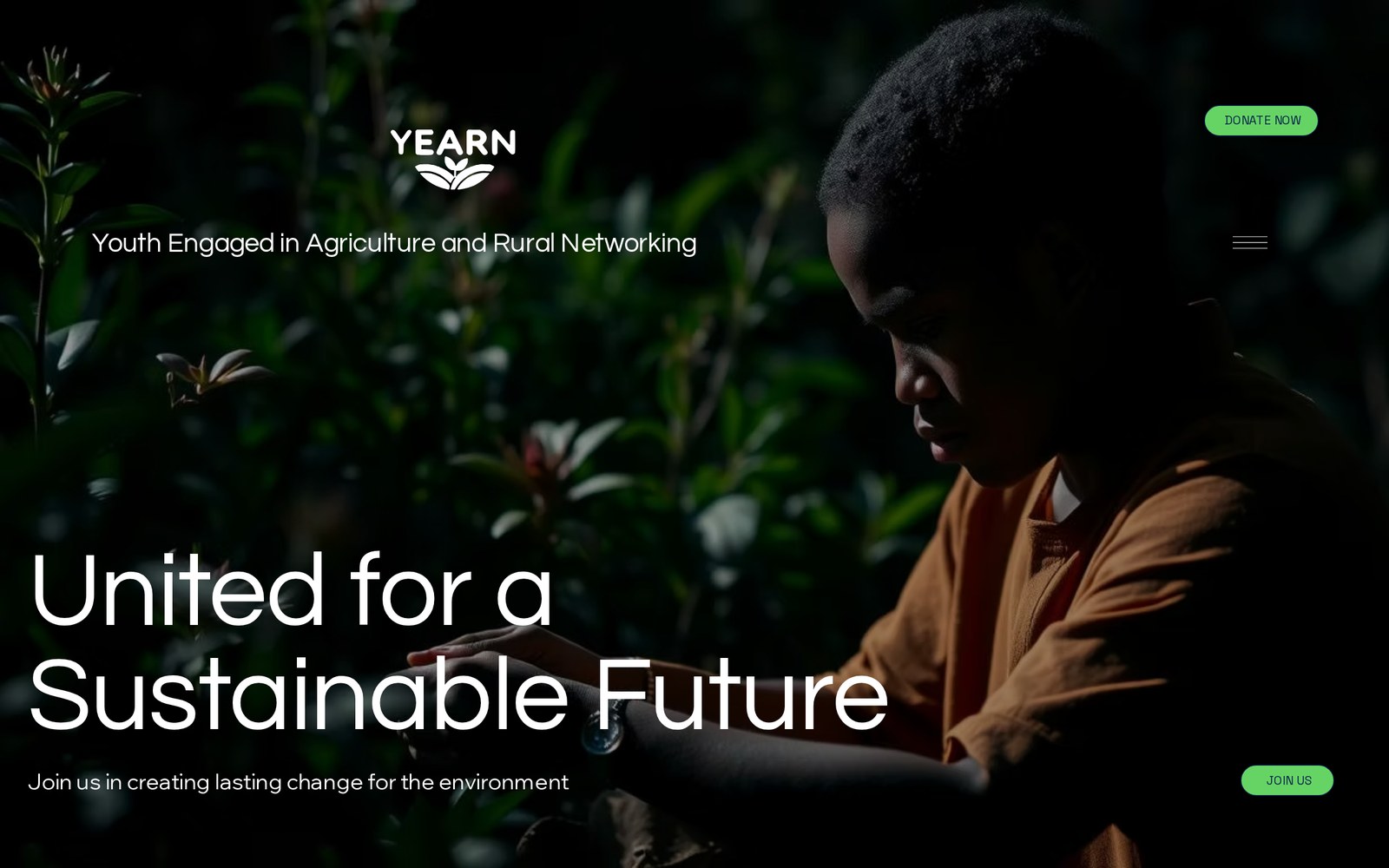 YEARN Foundation homepage with a moody green hero and agriculture portrait